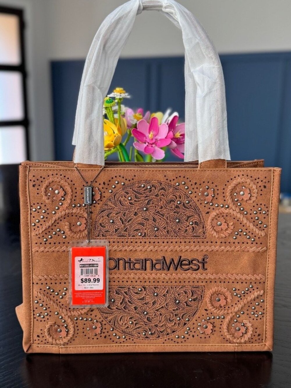Montana West Embroidered Brown Cut-Out Tote NWT